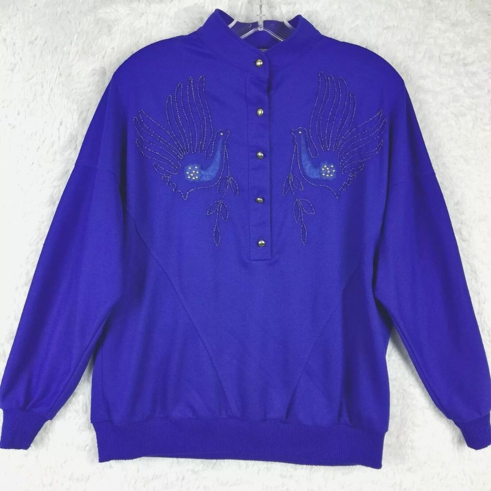 Vtg Joyce Sportswear Womens Sweater Pullover Beaded Doves Embroidered Blue 12‎